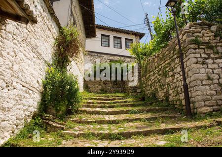 Una stretta strada acciottolata nel quartiere residenziale storico del quartiere del castello, Kalaja, di Berat, nel sud dell'Albania. Tradizionale Foto Stock