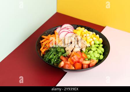 Poke Bowl con pollo, pomodoro, mais, carota, pomodoro rosso, Chuka Wakame, Red Raddish ed Edamame Foto Stock