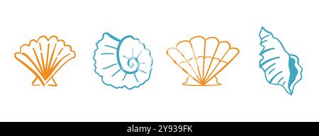 Sea Shell Collection, disegnata a mano, Doodle Seashells Illustrazione Vettoriale