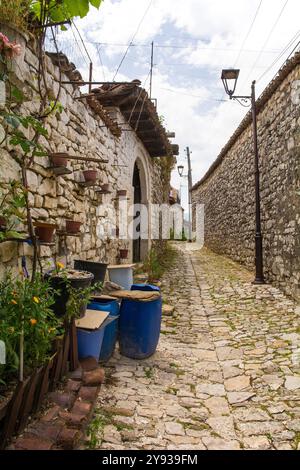 Uno stretto vicolo acciottolato nello storico quartiere residenziale del castello, Kalaja, di Berat, nel sud dell'Albania. Tradizionali muri in pietra A. Foto Stock