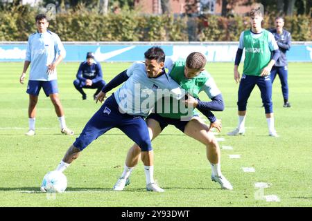 Berlino, Germania. 8 ottobre 2024. 08.10.2024, Sportforum, Berlino, DEU, DFL, 2) FBL Hertha BSC, Training, im Bild Kevin Sessa (Hertha BSC Berlin #8), Jonjoe Kenny (Hertha BSC Berlin #16) DFL - le normative vietano qualsiasi uso di fotografie come sequenze di immagini e/o quasi-video foto: Juergen Engler/nordphoto GmbH/dpa/Alamy Live News Foto Stock