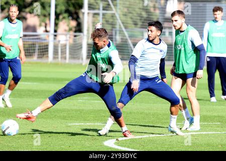 Berlino, Germania. 8 ottobre 2024. 08.10.2024, Sportforum, Berlino, DEU, DFL, 2) FBL Hertha BSC, Training, im Bild Florian Niederlechner (Hertha BSC Berlin #7), Kevin Sessa (Hertha BSC Berlin #8), Jonjoe Kenny (Hertha BSC Berlin #16) DFL - regolamenti vietano qualsiasi uso di fotografie come sequenze di immagini e/o quasi-video foto: Juergen Engler/nordphoto GmbH/dpa/Alamy Live News Foto Stock