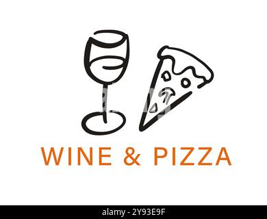 Wine and Pizza Restaurant, Pizzeria disegnata a mano con logo Illustrazione Vettoriale