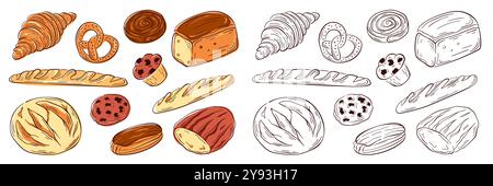 Cibo da forno grande in stile art-style. Pane, pasticceria, croissant, baguette, pretzel, pane, muffin, biscotti. Design per ristorante, confezionamento, menu, caffetteria Illustrazione Vettoriale