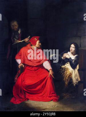 Giovanna d'Arco è interrogata dal cardinale di Winchester in prigione, dipinto a olio su tela di Paul Delaroche, 1824 Foto Stock