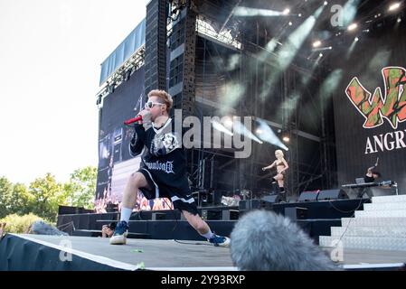 28 giugno 2024: Sam Matlock si esibisce con Wargasm all'Hellfest Open Air festival di Clisson, in Francia Foto Stock