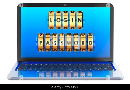 Computer portatile con accesso e password sullo schermo. Rendering 3D isolato su sfondo bianco Foto Stock