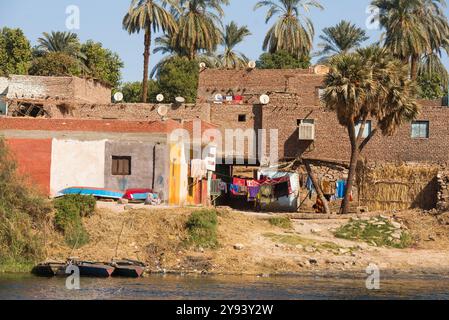 Villaggio sulle rive del Nilo vicino a Edfu, Egitto, Africa settentrionale Foto Stock