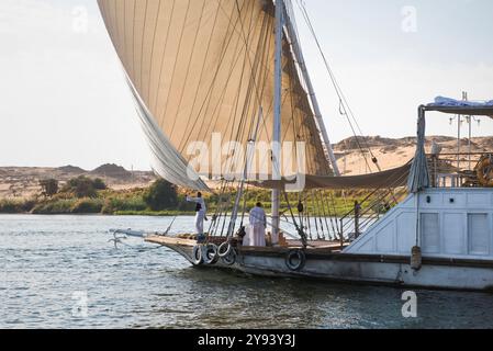 Dahabeah a vela, nave fluviale passeggeri della flotta Lazuli, navigando sul fiume Nilo vicino ad Assuan, Egitto, Nord Africa, Africa Foto Stock