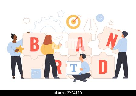 Reputazione del marchio, creazione di identità da parte del team di marketing, strategia di riconoscimento del marchio. Piccole persone che costruiscono puzzle con la parola Brand, tenendo parti con lettere per collegare l'illustrazione vettoriale dei cartoni animati Illustrazione Vettoriale