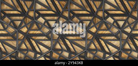 Un modello geometrico 3D meticolosamente progettato caratterizzato da trame in legno intrecciate e audace struttura in metallo, ideale per l'uso come carta da parati dinamica o come Foto Stock