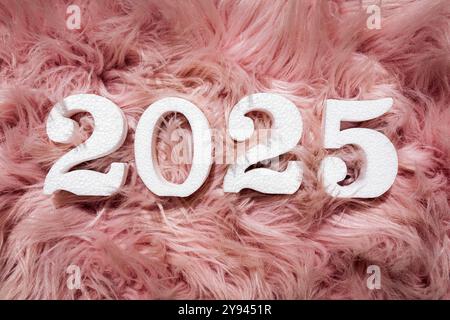 Un display vivace e testurizzato con i numeri 2025 in audace texture bianca su uno sfondo di pelliccia sintetica rosa, ideale per la grafica di Capodanno. Foto Stock