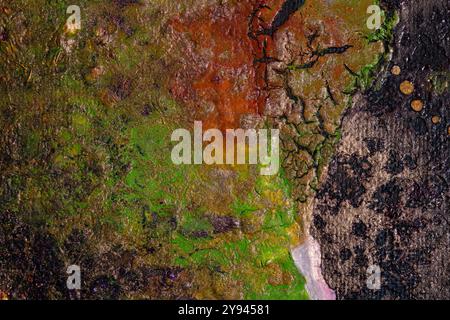 Un'immagine macro dettagliata di una superficie colorata vivace che mostra sfumature di verde, arancione e scure. Le crepe e le trame naturali sono visibili Foto Stock