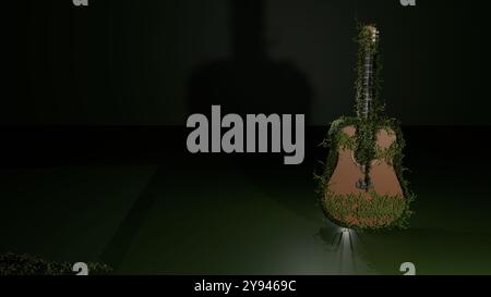 rendering 3d della chitarra acustica con vigne di edera che crescono intorno ad essa Foto Stock