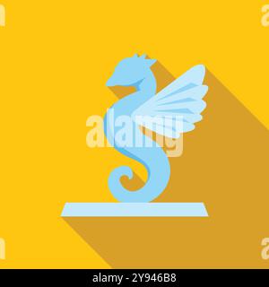 Cavalluccio marino blu con ali in piedi su un piedistallo su sfondo giallo in stile piatto Illustrazione Vettoriale