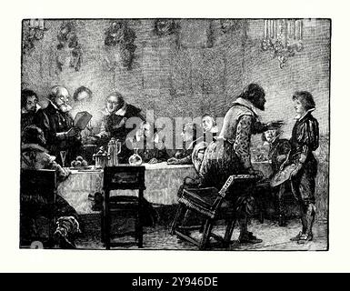 Una vecchia incisione in cui la notizia del «lotto delle polveri» è stata consegnata a Lord Montague in una lettera anonima il 26 ottobre 1605. Il biglietto lo avvertiva di stare lontano dal Palazzo di Westminster, Londra, Inghilterra, Regno Unito. È tratto da un libro di storia vittoriana del 1900 circa. Nel 1604 Guido (Guido) Fawkes (1570-1606) fu coinvolto in un piccolo gruppo di cattolici inglesi, guidati da Robert Catesby, che progettò di assassinare il re protestante Giacomo i e sostituirlo con un monarca cattolico. I cospiratori affittarono un sottosuolo (o cantina) sotto la camera dei lord e Fawkes fu messo al comando. Foto Stock
