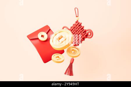 Nodo cinese , monete cinesi fluttuanti, buste rosse, Capodanno cinese, felice anno nuovo, tema in stile cinese, rendering 3D. illustrazione 3d. Foto Stock