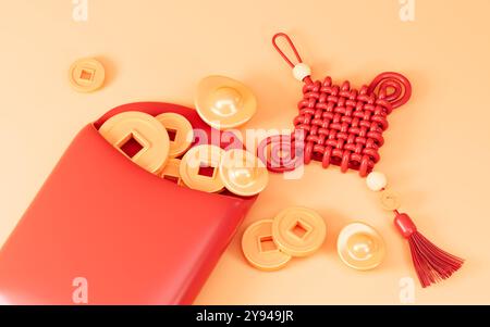 Nodo cinese e monete cinesi fluttuanti, Capodanno cinese, felice anno nuovo, tema in stile cinese, rendering 3d. illustrazione 3d. Foto Stock