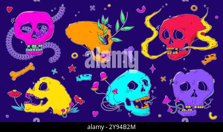 Colorare gli adesivi scull scanalati per scarabocchi. Elementi punk kawaii. Illustrazione Vettoriale