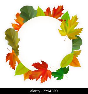 Carta autunnale con foglie autunnali di acero e quercia realistiche. Composizione rotonda di foglie autunnali. Illustrazione vettoriale Illustrazione Vettoriale