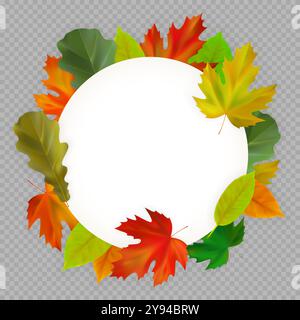 Carta autunnale con foglie autunnali di acero e quercia realistiche. Composizione rotonda di foglie autunnali su sfondo trasparente. Illustrazione vettoriale Illustrazione Vettoriale