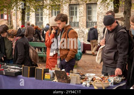 Belgio, Fiandre, Bruges, Dijver, clienti del mercato delle pulci del fine settimana Foto Stock