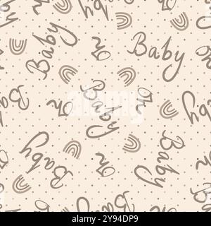 Testo neutro Oh Baby e sfondo con motivo uniforme vettoriale arcobaleno. Messaggio carino per inviti e prodotti da baby shower. Stile script scritto a mano Illustrazione Vettoriale