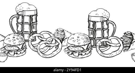 Illustrazione vettoriale di spuntini di birra, bicchieri disegnati a mano con birra e schiuma, hamburger, fette di patate, pretzel, patatine fritte, schizzo inchiostrato per ape Illustrazione Vettoriale