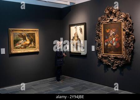 Belgio, Fiandre, Bruges, galleria d'arte Groeningemuseum, visitatore che ammira la natura morta con gli uccelli di Franz van Cuyck de Myerhop Foto Stock