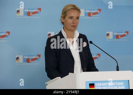 Berlino, Germania, 8 ottobre 2024. La dottoressa Alice Weidel, leader del gruppo parlamentare dell'AfD, durante una dichiarazione stampa in vista di una riunione del gruppo parlamentare nel Bundestag tedesco. Crediti: Juergen Nowak/Alamy Live News Foto Stock