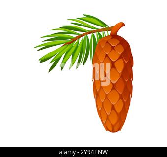 Il cono in abete cartoni animati con aghi sempreverdi cattura l'essenza della natura della foresta autunnale. La struttura isolata, allungata e legnosa, di un abete rosso, contiene scaglie che proteggono i semi Illustrazione Vettoriale