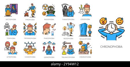 Problemi di psicologia, icone della linea di colore della fobia umana, disturbi di salute mentale e ansia. Il vettore delinea gli uomini con sintomi di traumatofobia, pirofobia e thanatophobia, toxiphobia e atrofobia Illustrazione Vettoriale