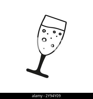 Semplice illustrazione minimalista di un bicchiere di champagne con bolle, su sfondo bianco, Illustrazione Vettoriale