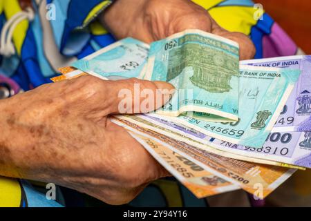 Le finanze dei pensionati. La vecchia donna tiene in mano i soldi, le rupie indiane, le pensioni e il bilancio di un pensionato in India. Primo piano Foto Stock