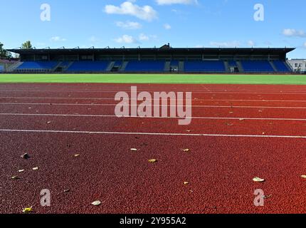 Questa immagine mostra una vista ravvicinata di una pista di atletica, con corsie rosse brillanti che si estendono fino alla distanza. Le linee in pista sono nitide Foto Stock