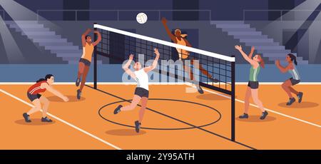 Gare di pallavolo. Squadre sportive, atleti professionisti colpiscono la palla attraverso la rete, personaggi dei giocatori, pose dinamiche, campionati indoor con cartoni animati flat Illustrazione Vettoriale