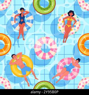 Anelli in gomma gonfiabili senza cuciture. Vacanze estive, le persone si rilassano in piscina, vista dall'alto, circoli di nuoto, giochi d'acqua. Decorazioni in tessuto, rivestimento Illustrazione Vettoriale