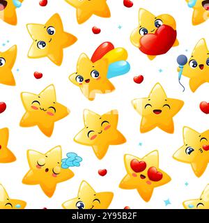 Divertente Little Stars, motivo senza cuciture. Personaggi dei cartoni animati Kawaii, mascotte felici con emozioni positive, volti sorridenti e simpatici. Decorazioni in tessuto, rivestimento Illustrazione Vettoriale