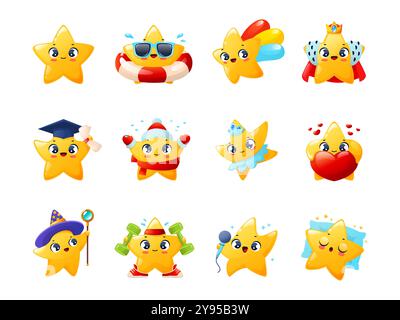 Personaggi cartoni animati Funny Stars. Simpatiche mascotte con emozioni positive, facce sorridenti, personaggi infantili scintillanti, collezione di emoji Illustrazione Vettoriale