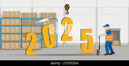 Concetto di anno nuovo. I numeri del nuovo anno 2025 utilizzano attrezzature da magazzino. Vettore. Illustrazione Vettoriale