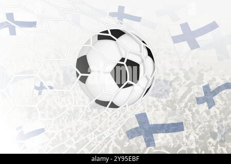 La nazionale di calcio finlandese ha segnato un gol. Palla in rete, mentre i tifosi di calcio sventolano la bandiera finlandese sullo sfondo. Illus vettoriale Illustrazione Vettoriale