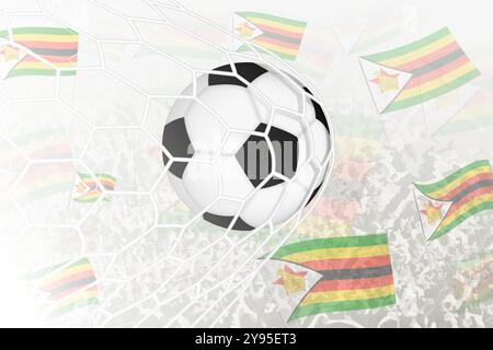 La nazionale di calcio dello Zimbabwe ha segnato un gol. Palla in rete, mentre i tifosi di calcio sventolano la bandiera dello Zimbabwe sullo sfondo. Ill vettoriale Illustrazione Vettoriale