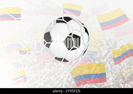 La nazionale di calcio colombiana ha segnato un gol. Palla in rete, mentre i tifosi di calcio sventolano la bandiera della Colombia sullo sfondo. Ill vettoriale Illustrazione Vettoriale