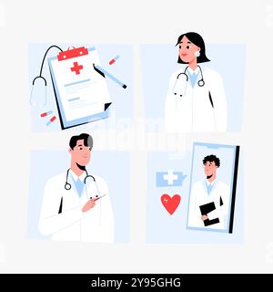 Appunti medico e cuore con professionisti medici maschili e femminili in illustrazione vettoriale piatta che simboleggia le cartelle cliniche, la cura del paziente e il cuore Illustrazione Vettoriale