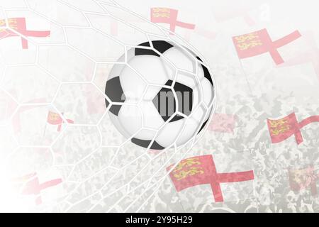 La nazionale di calcio del Sark ha segnato un gol. Palla in rete porta, mentre i tifosi sventolano la bandiera Sark sullo sfondo. Illustrazione vettoriale Illustrazione Vettoriale