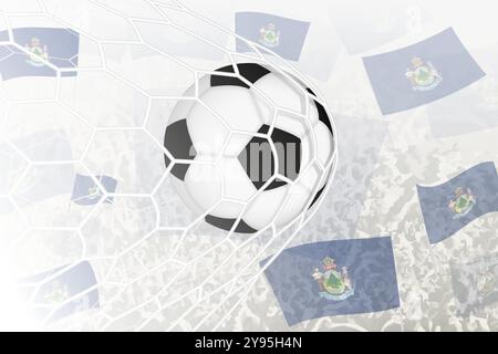 La nazionale di calcio del Maine ha segnato un gol. Palla in rete porta, mentre i tifosi sventolano la bandiera del Maine sullo sfondo. Illustrazione vettoriale Illustrazione Vettoriale