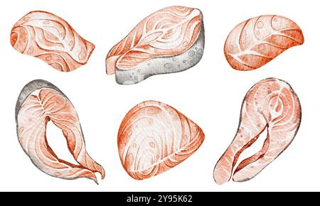 Bistecche salmone acquerello scogliera cibo marino su sfondo isolato. Illustrazioni disegnate a mano frutti di mare, pesce, tonno per design, biglietti, stampa, menu. Foto Stock