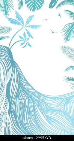 Palme di sfondo verticale e linee grafiche del mare. Disegno a mano. Non ai, illustrazione vettoriale. Illustrazione Vettoriale