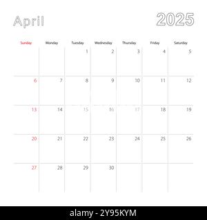 Semplice calendario da parete per aprile 2025 con linee tratteggiate. Il calendario è in inglese, la settimana inizia da domenica. Modello vettoriale. Illustrazione Vettoriale