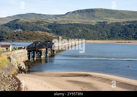 Il viadotto di Barmouth Bridge attraversa l'estuario di Mawddach sotto le colline del Parco Nazionale di Snowdonia nel Galles del Nord. Foto Stock